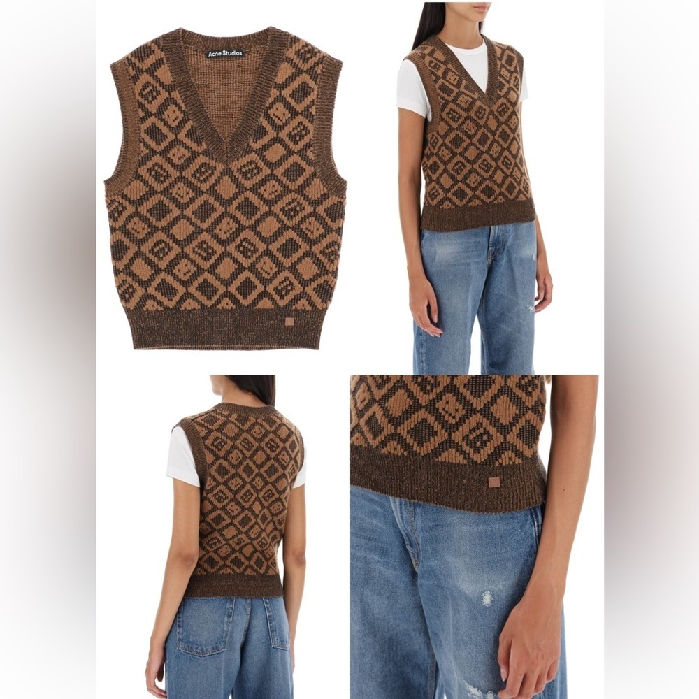 Acne Brown‎ Patterned V-Neck Sweater Vest